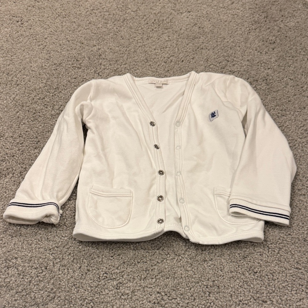 White Button-Front Kids Cardigan with Navy Trim